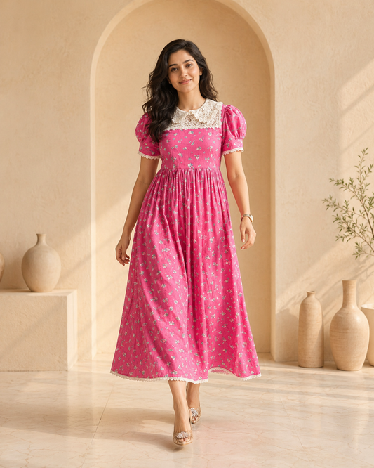 Pink and white flora cotton frock