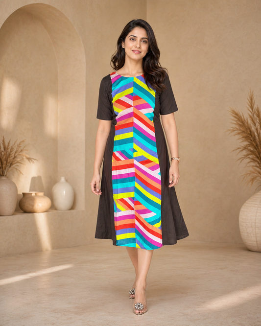 Black Multi Stripes A Line Top