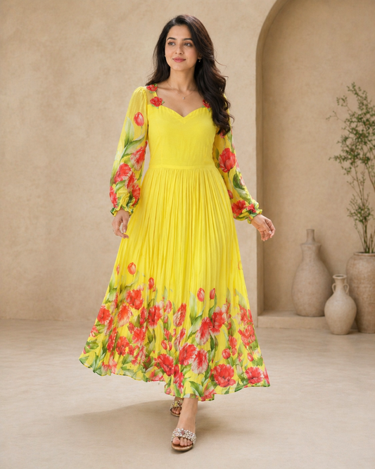 Yellow georgette long frock with red floral print