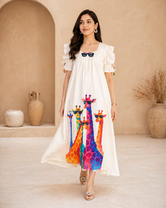 Ivory lenin frock with colourful giraffe motifs
