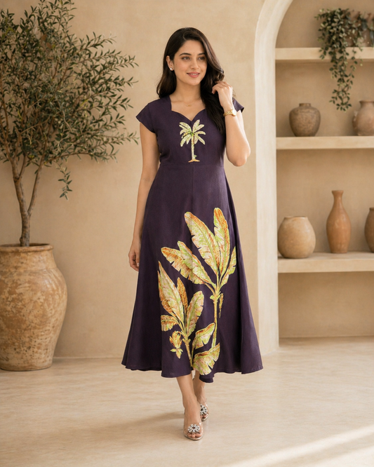 Purple printed lenin frock with hand work on yoke part