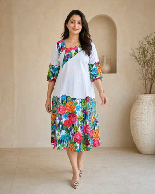 White frock with colourful stripes