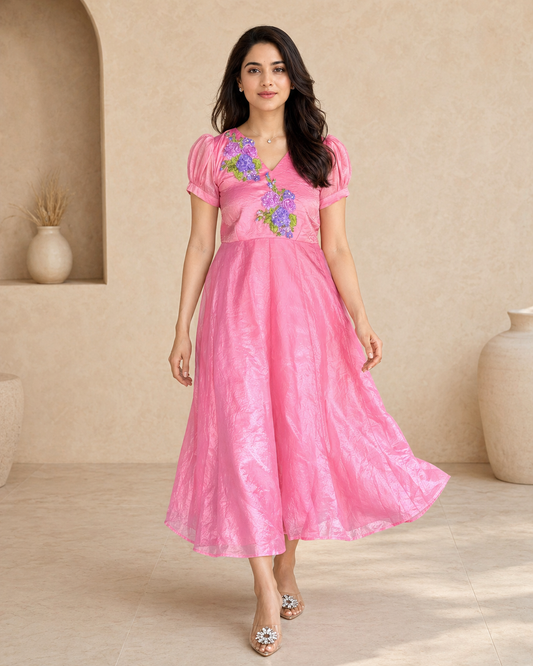 Tissue frock puff sleeves with hand emdroidery