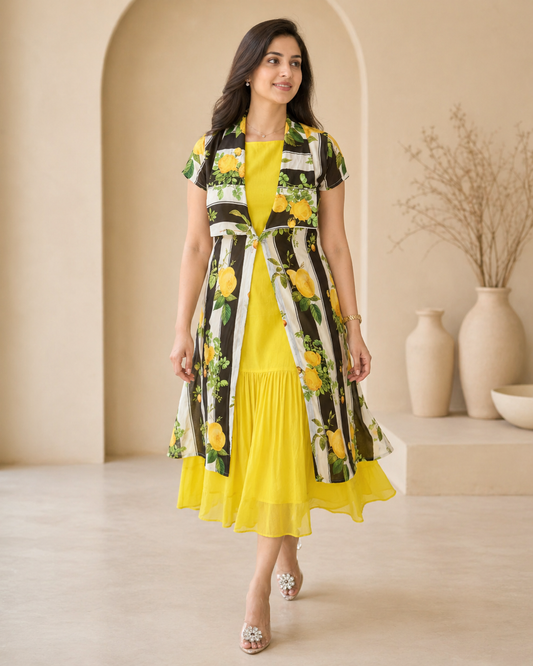 Yellow frock with printed detachable jacket