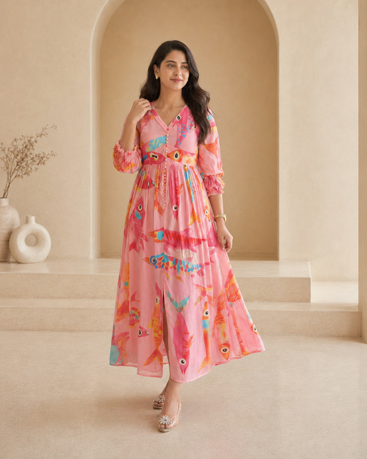 Printed fishes pink frock