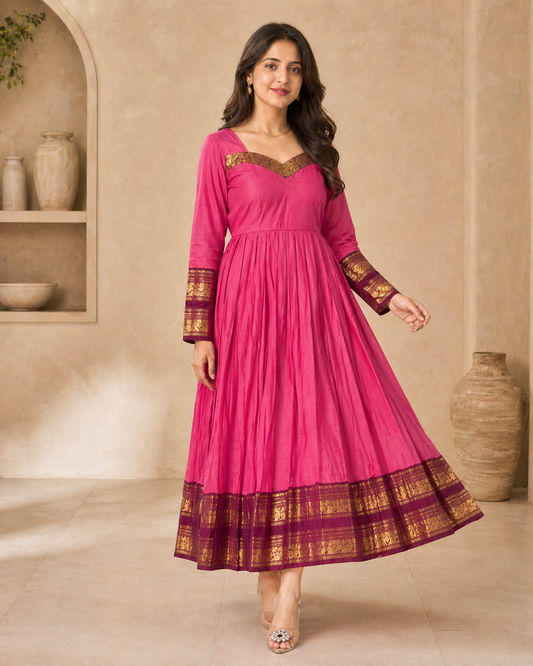 Pink cotton frock with kanchi border