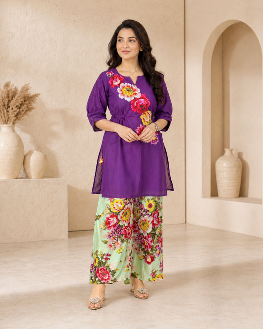 Cotton co-ord set with floral print motifs