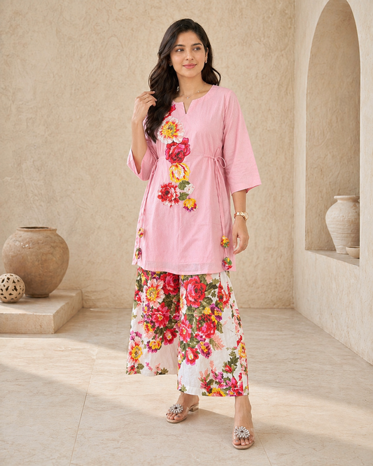 Cotton co-ord set with floral print motifs