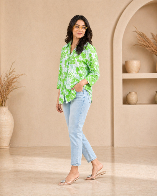 Classic green printed cotton formal shirt