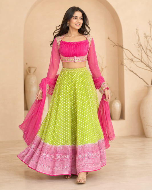 Banaras green lehanga with pink full sleeves and dupatta