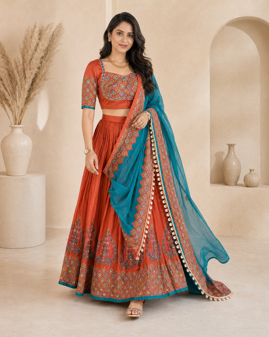 Ajrakh lehanga with mirror work