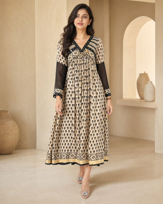 Black chanderi full sleeves frock with mirror work on collar