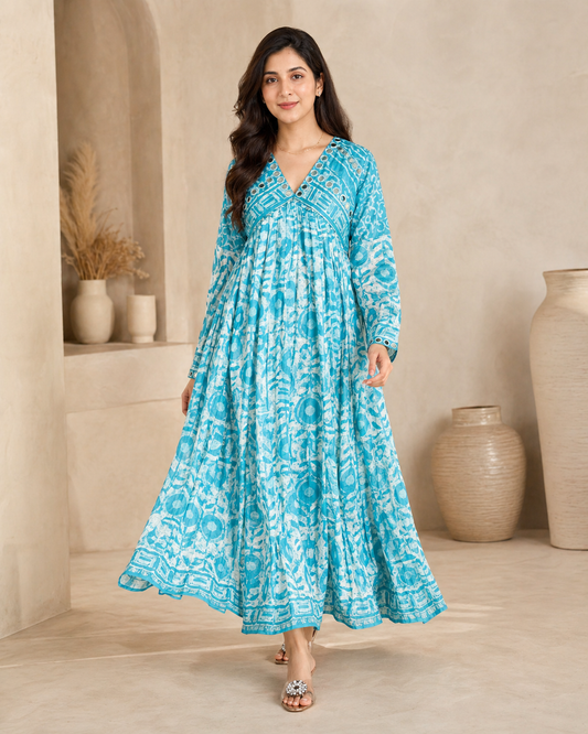 Blue Chanderi frock full sleeves with mirror work