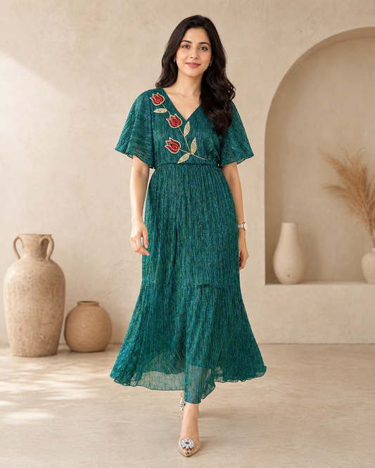 Lime Stretch - lyrca comfort frock with hand embroidery