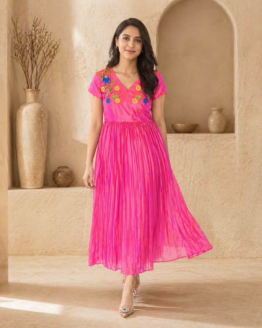 Silk frock with machine embroidery