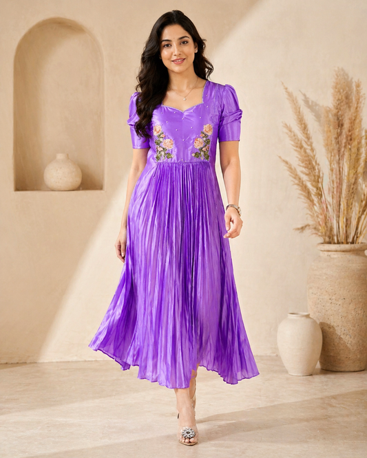 Lavender Silk Frock with hand embroidery
