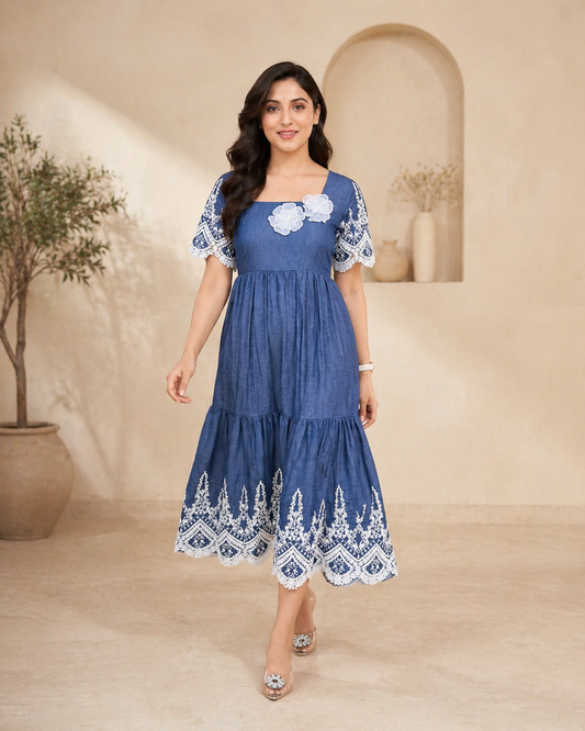 Denim casual frock with applique work
