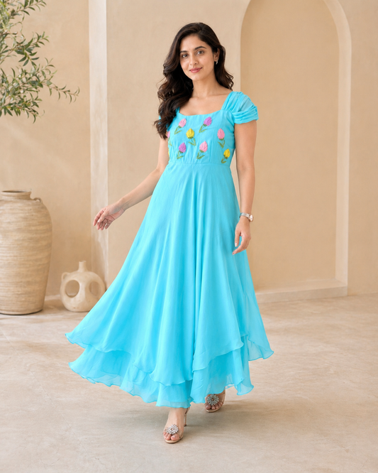 Organza with multi tulips hand embroidery frock