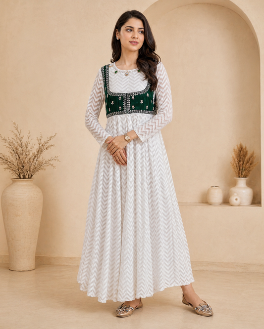 White frock with detachable green velvet jacket with hand embroidery