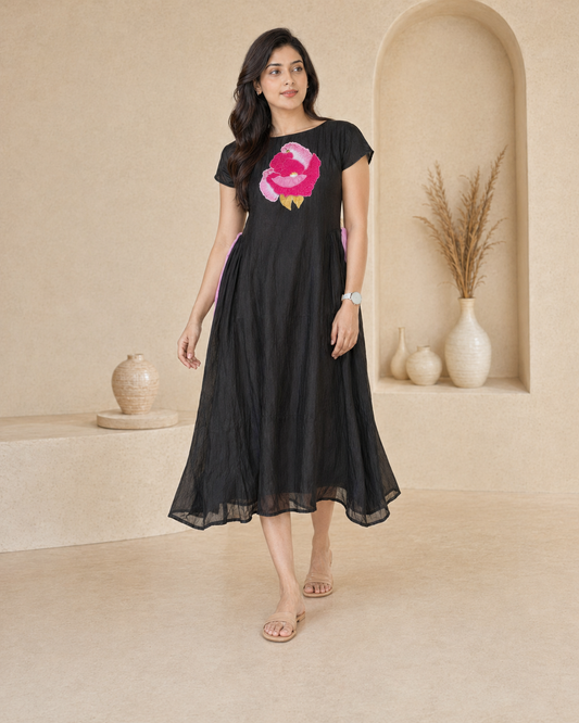 Black frock with pink applique work