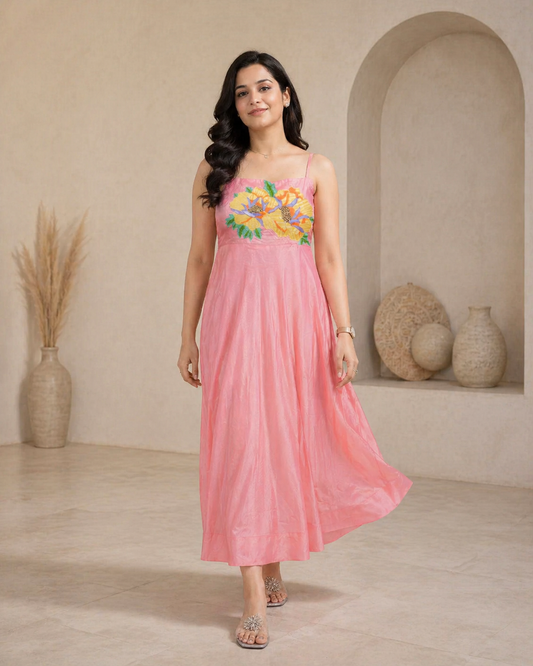 Floral raw silk Frock with hand embroidery
