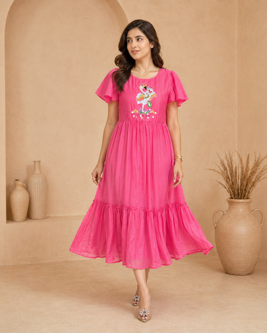 Mul mul chanderi frock with ruffle sleeves and hand emdroidery
