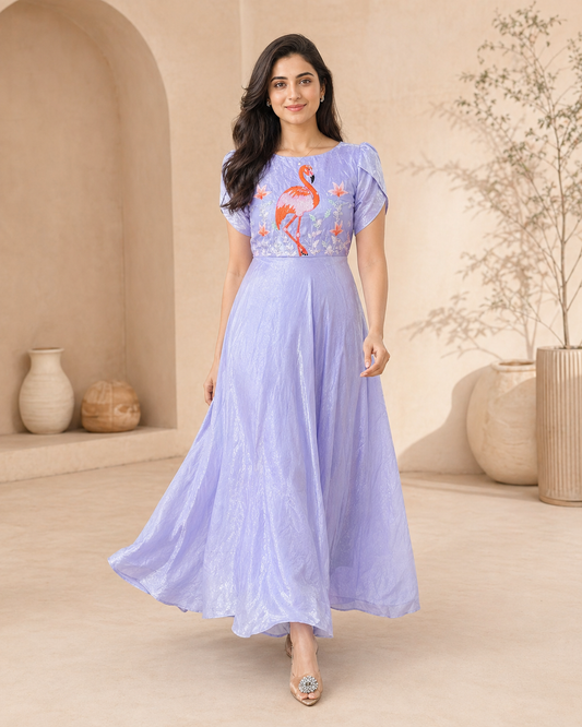 Blue glass tissue frock with hand embroidery
