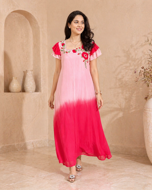 Dual shade embroidery frock with two layered ruuffle sleeves