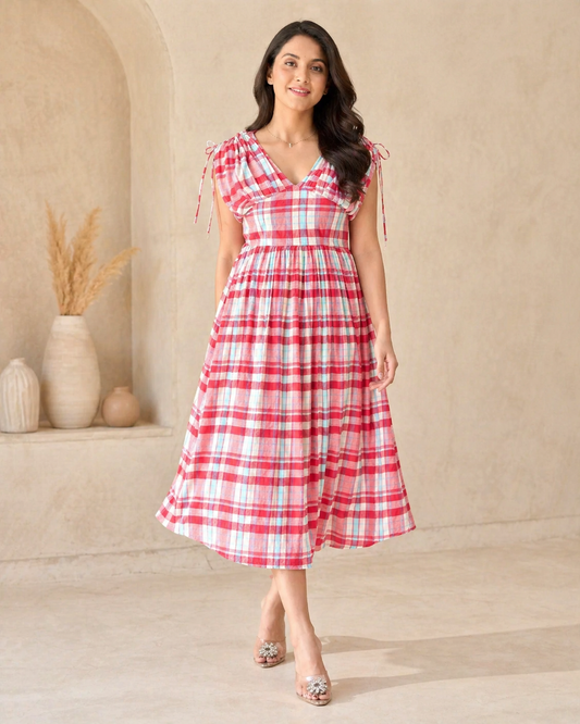 Classic red ckecks fine cotton frock