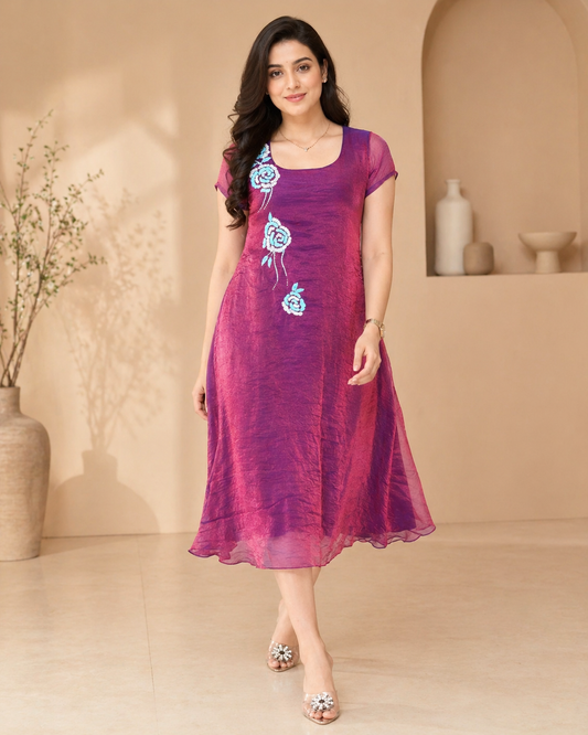 Wine glass tissue pink frock with hand embroidery motif