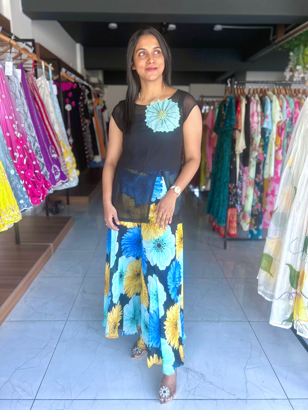 Black top with floral palazo co ord set