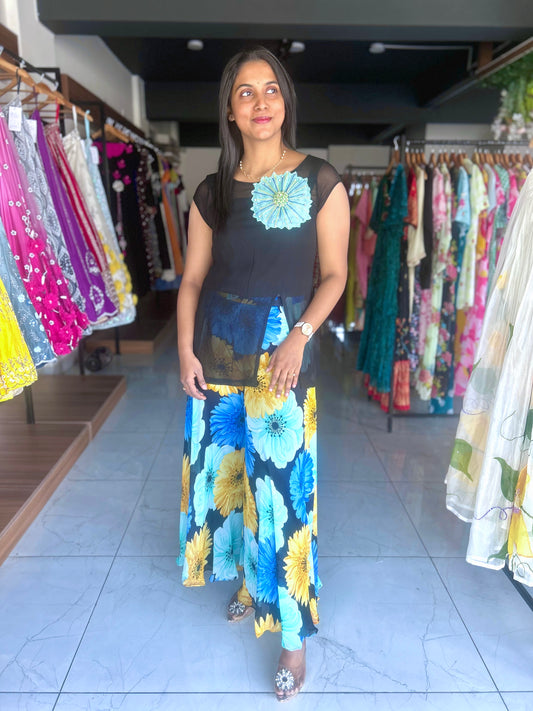 Black top with floral palazo co ord set
