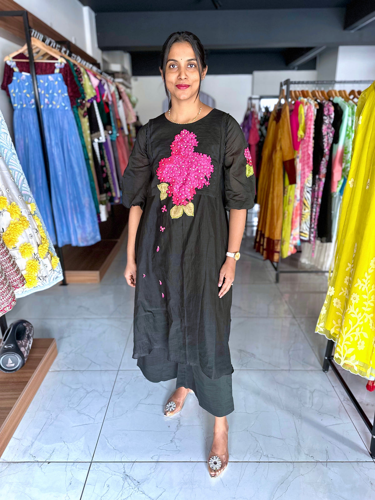 Chanderi cotton two piece set with aplique work