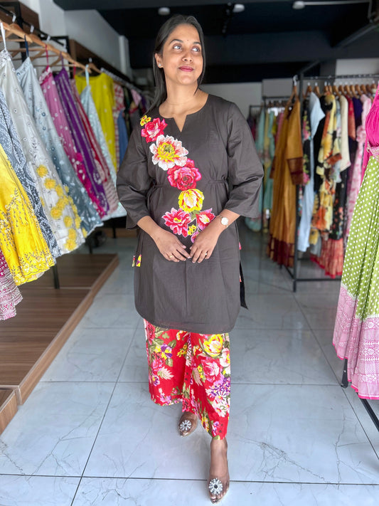 cotton co-ord set with floral print motifs
