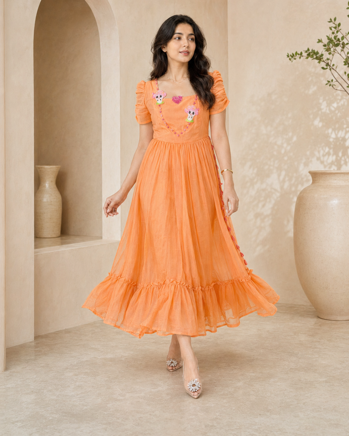 Orange mul-mul chanderi Frock with cute mushroom motifs styling