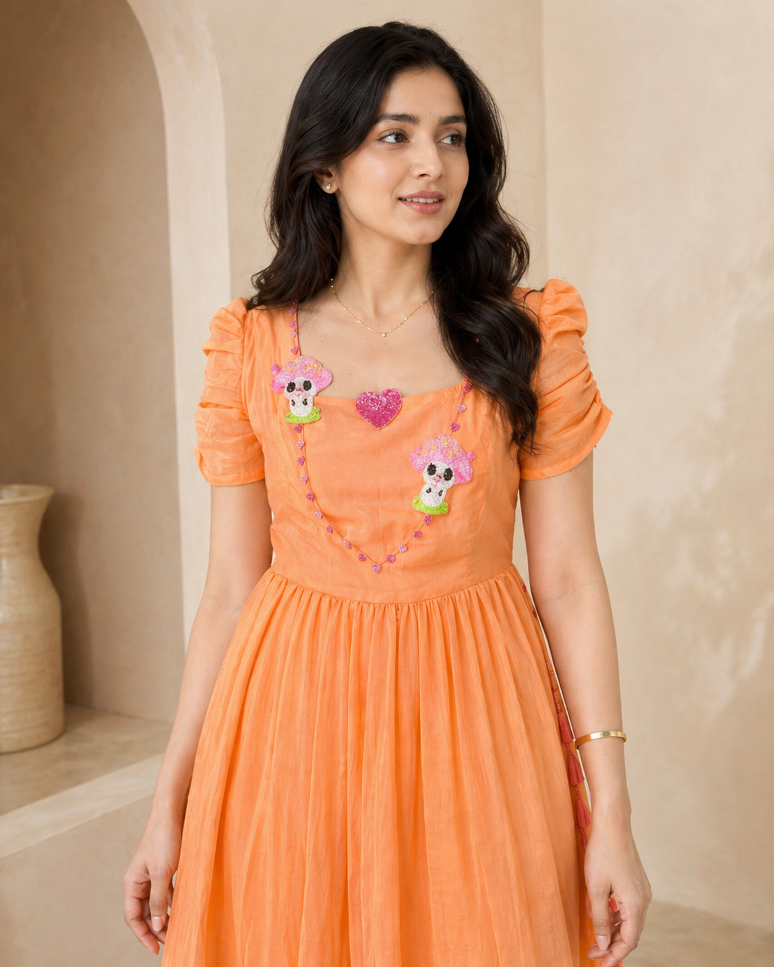Orange mul-mul chanderi Frock with cute mushroom motifs detail