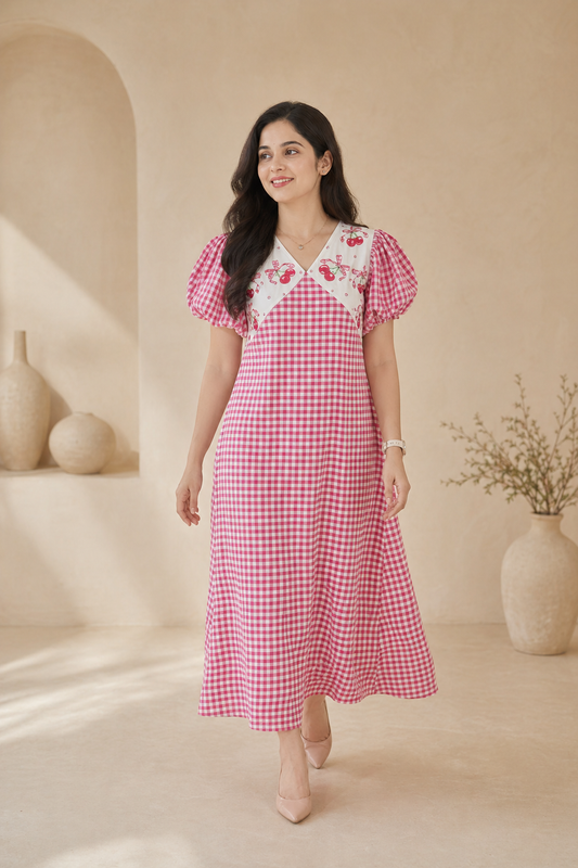 Red checks frock with puff sleeves