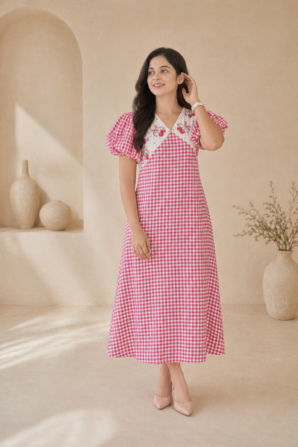 Red checks frock with puff sleeves styling