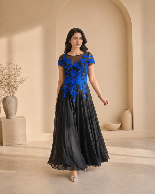 Black with blue hand embroidery cocktail frock