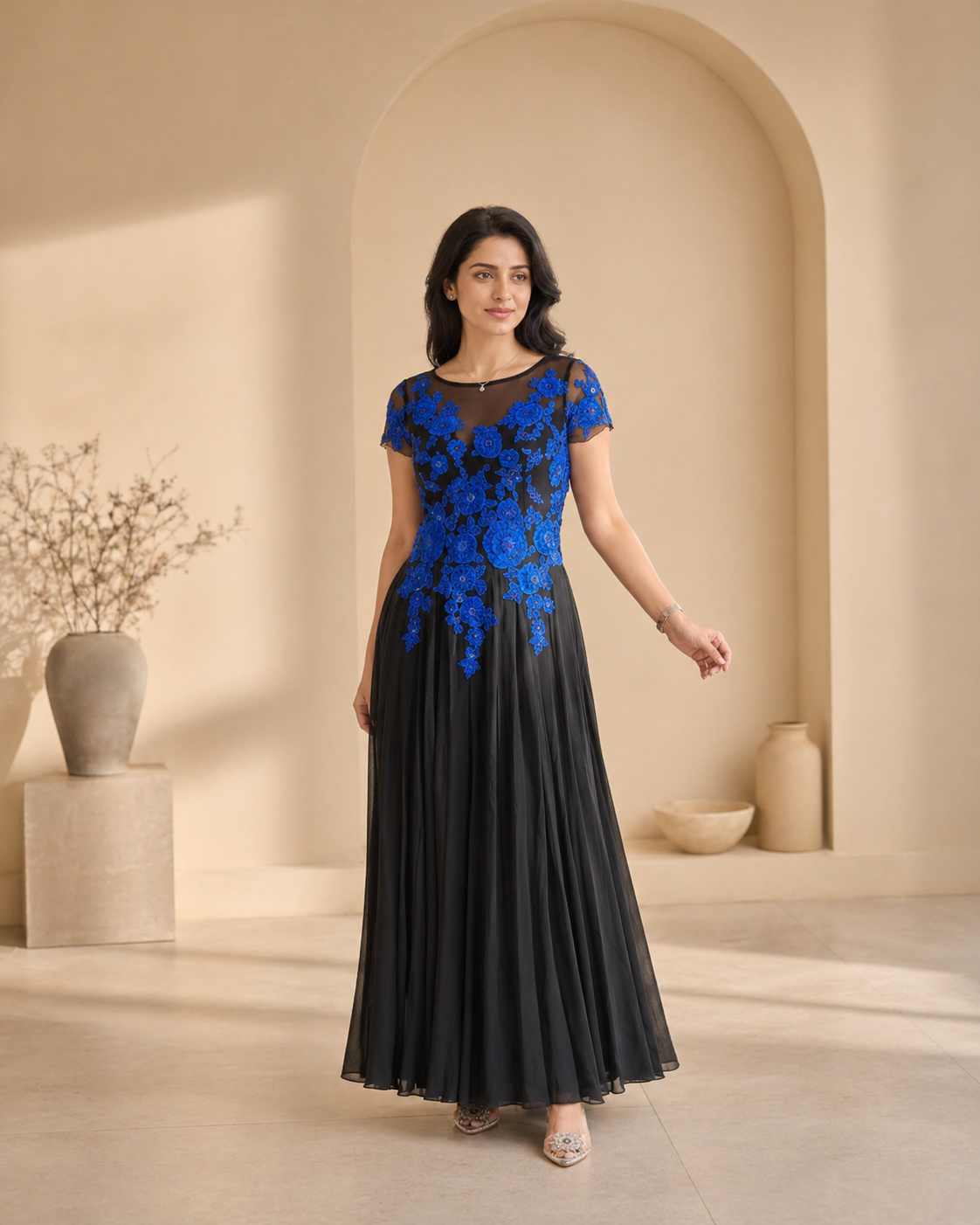 Black with blue hand embroidery cocktail frock styling