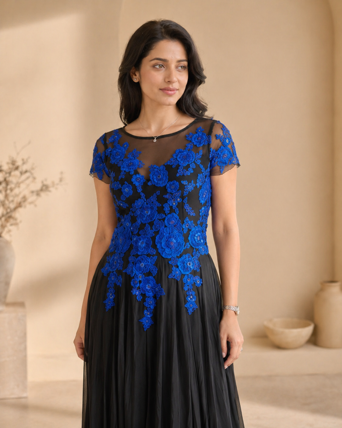 Black with blue hand embroidery cocktail frock detail