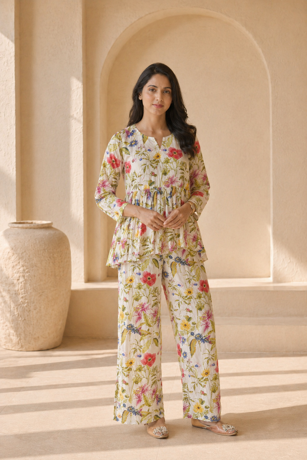 Ivory floral print peplum with palazo set
