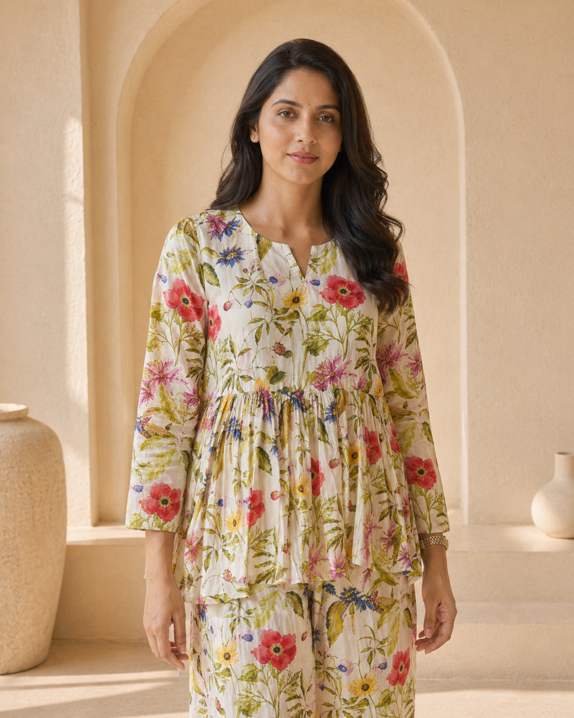 Ivory floral print peplum with palazo set detail
