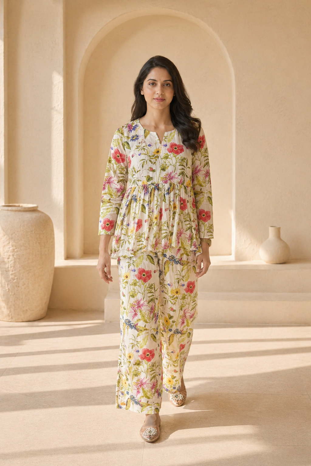 Ivory floral print peplum with palazo set styling