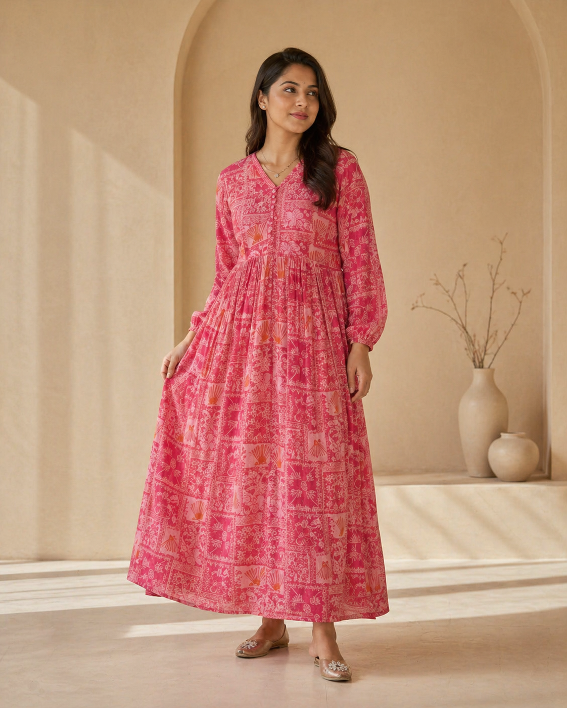 Printed pink frock styling