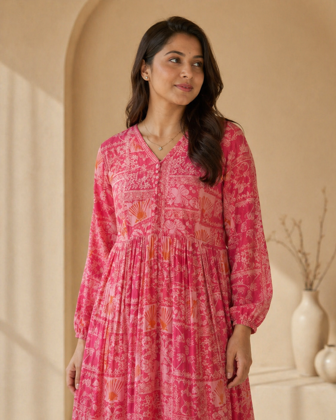 Printed pink frock detail