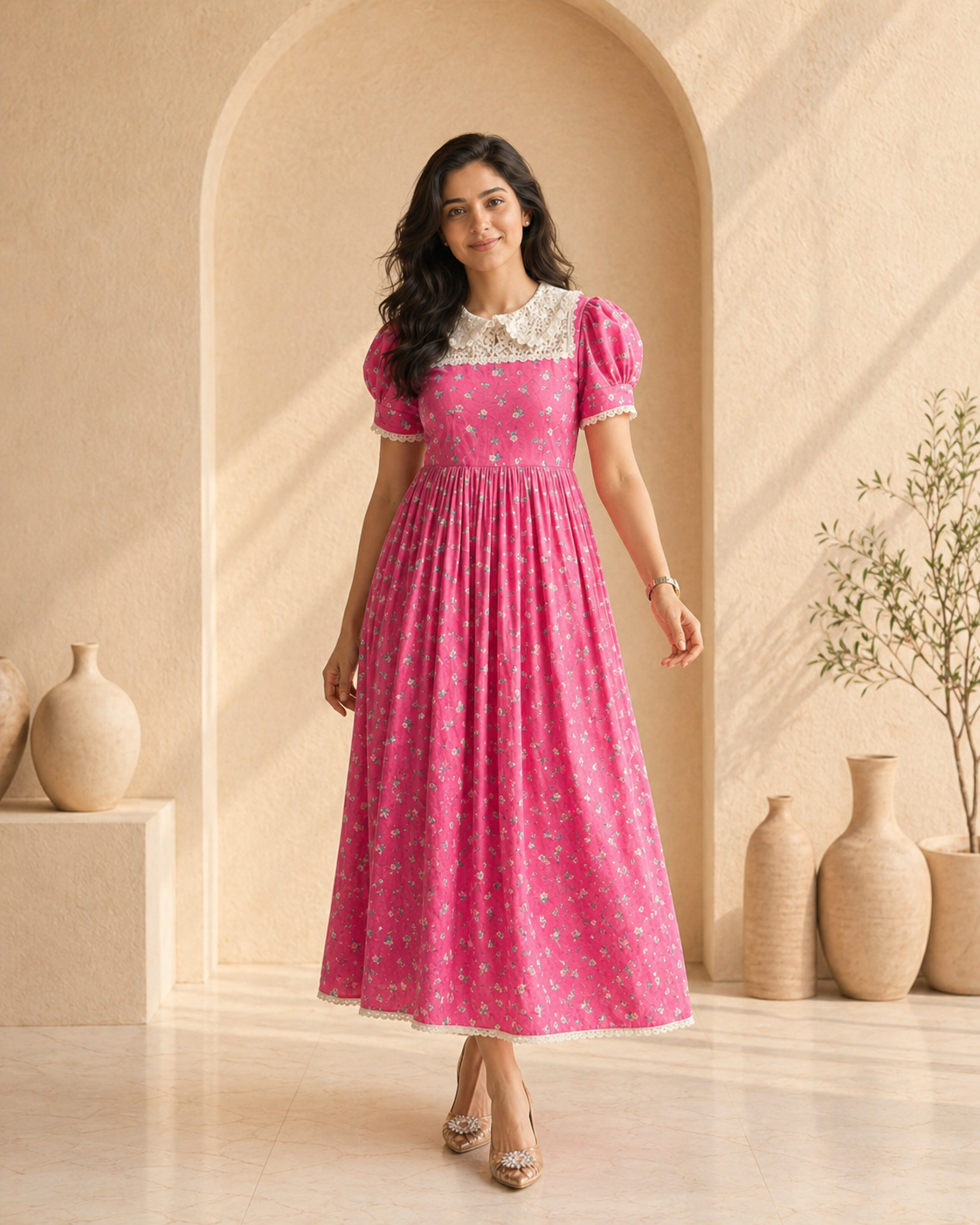Pink and white flora cotton frock styling