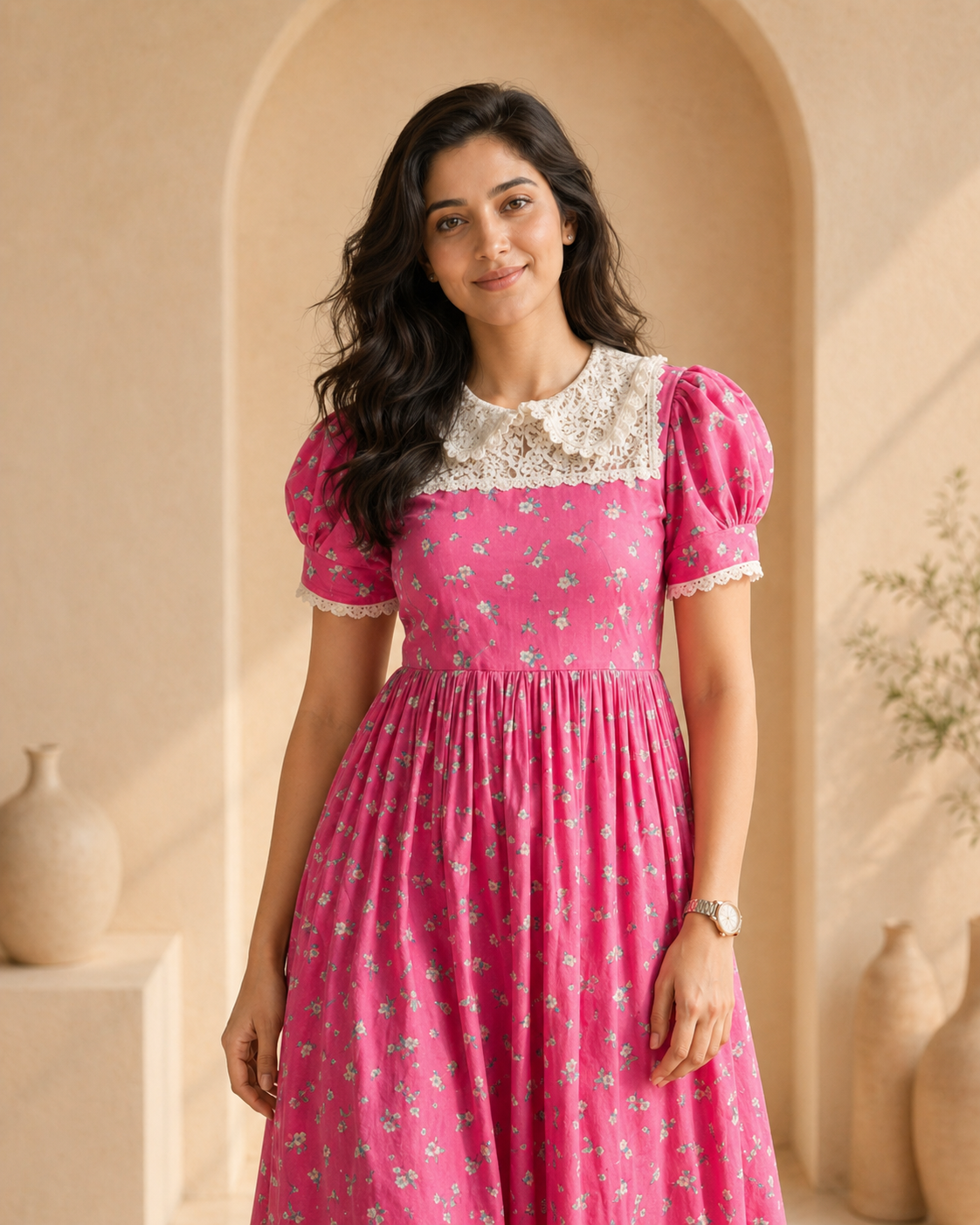 Pink and white flora cotton frock detail