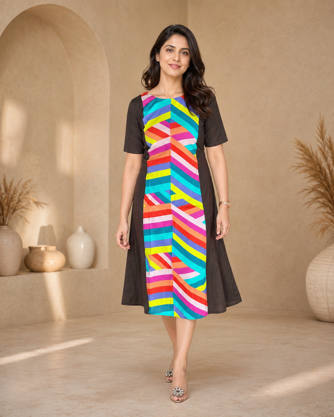 Black Multi Stripes A Line Top