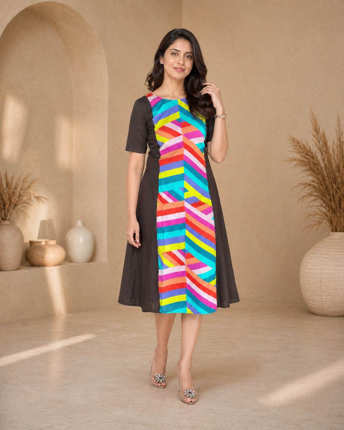 Black Multi Stripes A Line Top styling